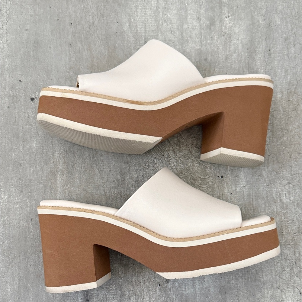 Cream and Brown Women's Platform Mules